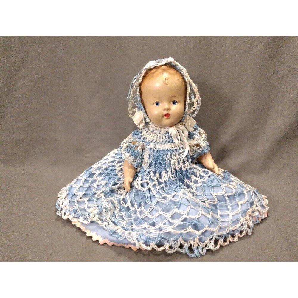 RARE Antique Doll Handmade Bonnet & Dress Hand Painted